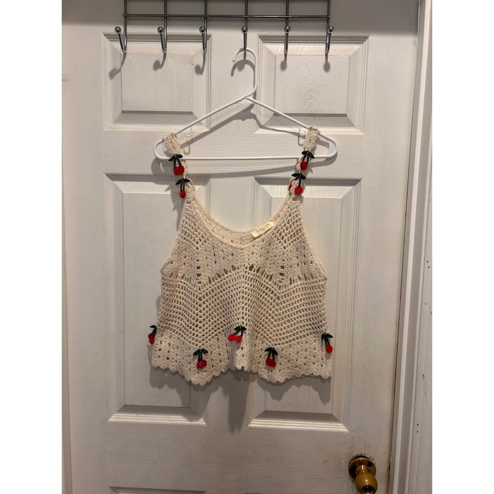 Rebellion Again Cream Crochet Cherry Cami Tank Top Women Large Scalloped Hem